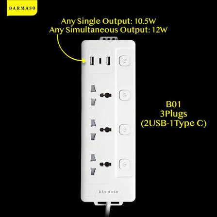 BARMASO - B01 Power Socket (3 Plugs + 2 USB + 1 Type C)