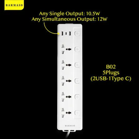 BARMASO - B02 Power Socket (5 Plugs + 2 USB + 1 Type C)