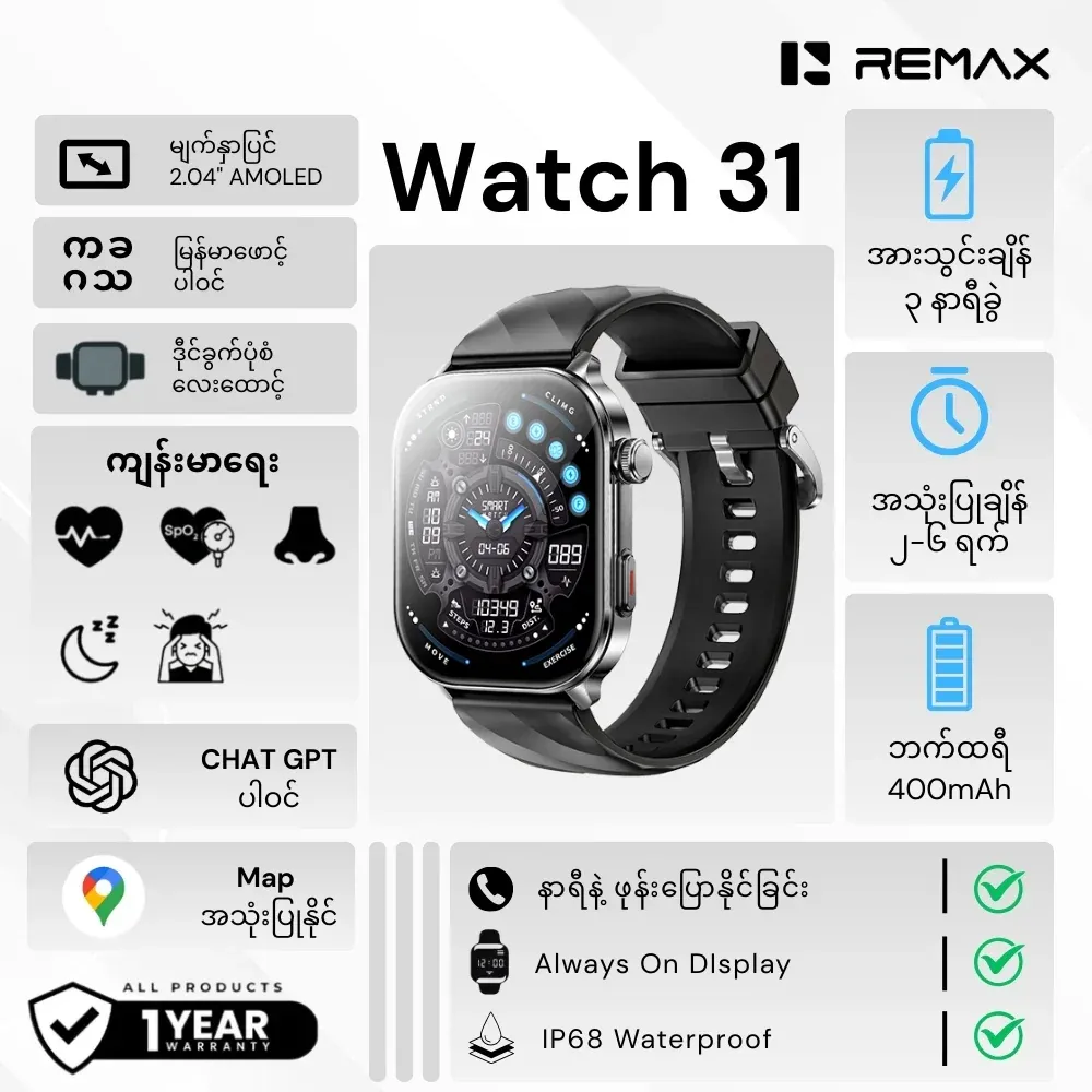 [01141328TN] REMAX- Watch 31 Multi-function Application Smartwatch (4GB Ram) Flagship Edition (259763) (NPL-1/2025)