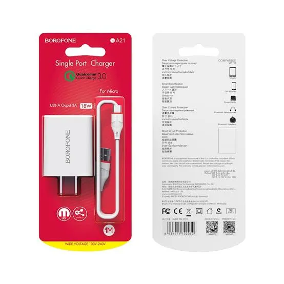 (RJ)Borofone BA21 Single Port QC3.0 TC Charger Set (White)